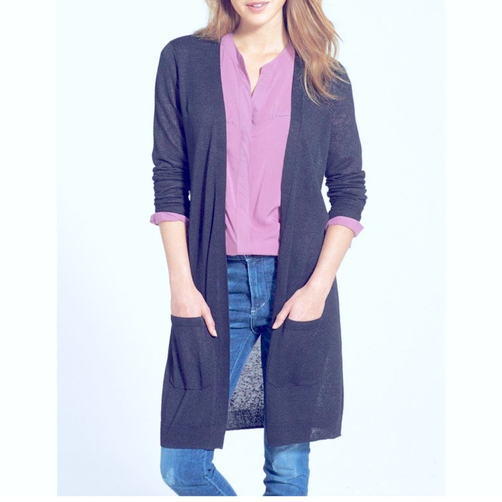 Halogen Long Linen Blend Cardigan Navy Open Front Lagenlook Minimalist-XS